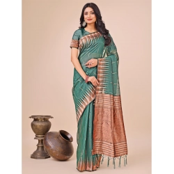 Women's Linen Cotton Printed Saree With Unstitched Blouse 5.5Mtr (Green)
