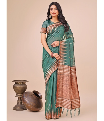 Women's Linen Cotton Printed Saree With Unstitched Blouse 5.5Mtr (Green)