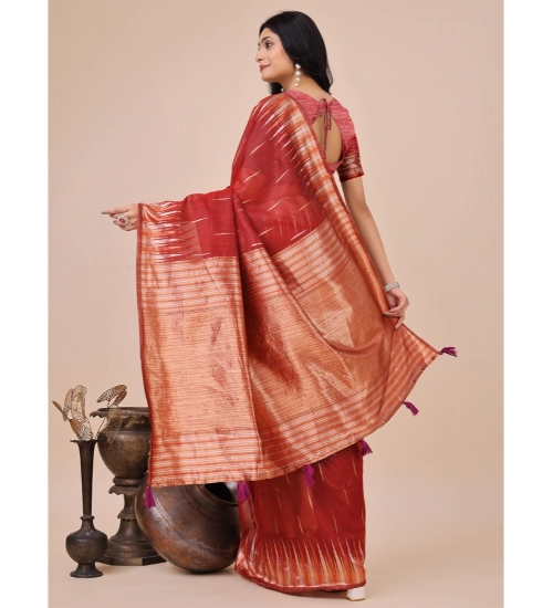 Women's Linen Cotton Printed Saree With Unstitched Blouse 5.5Mtr (Red)