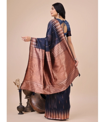 Women's Linen Cotton Printed Saree With Unstitched Blouse 5.5Mtr (Navy Blue)