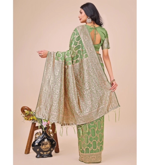 Women's Linen Cotton Printed Saree With Unstitched Blouse 5.5Mtr (Green)