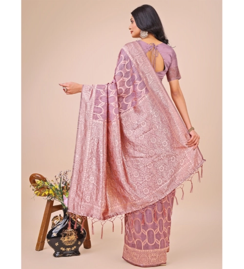 Women's Linen Cotton Printed Saree With Unstitched Blouse 5.5Mtr (Purple)