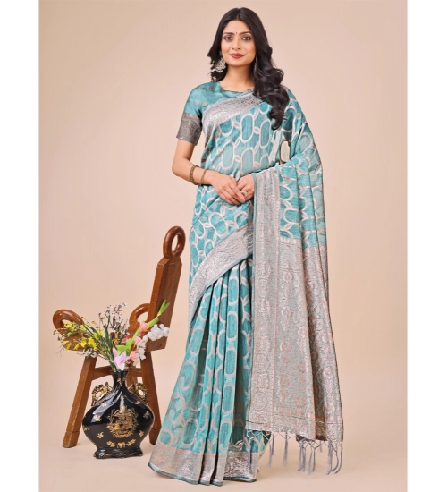 Women's Linen Cotton Printed Saree With Unstitched Blouse 5.5Mtr (Teal)