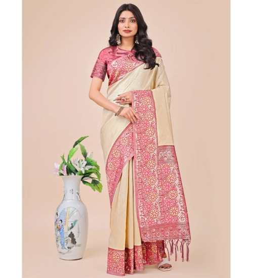 Women's Lichi Silk Printed Saree With Unstitched Blouse 5.5Mtr (Cream)