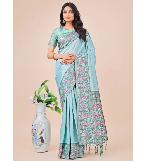 Women's Lichi Silk Printed Saree With Unstitched Blouse 5.5Mtr (Teal)