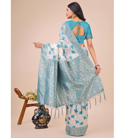 Women's Linen Cotton Printed Saree With Unstitched Blouse 5.5Mtr (Teal)