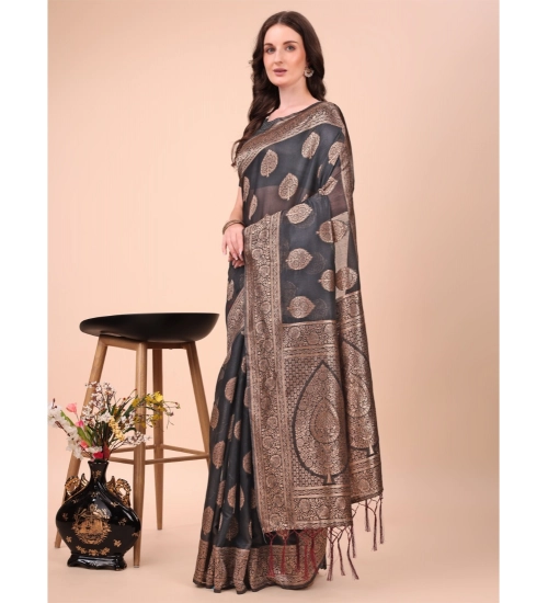 Women's Cotton Printed Saree With Unstitched Blouse 5.5Mtr (Black)