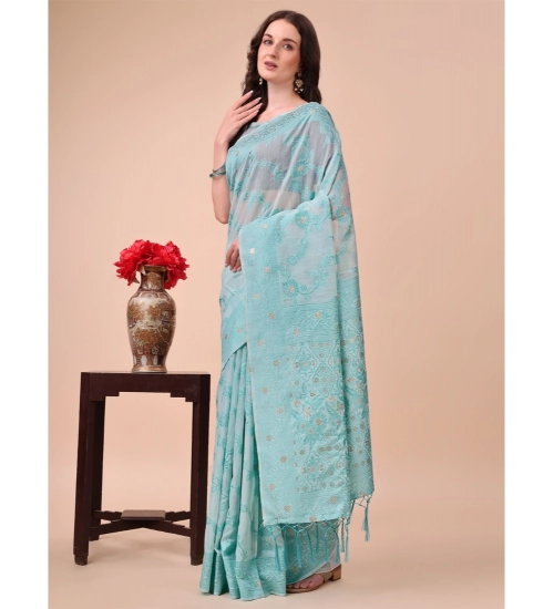 Women's Cotton Printed Saree With Unstitched Blouse 5.5Mtr (Sky Blue)