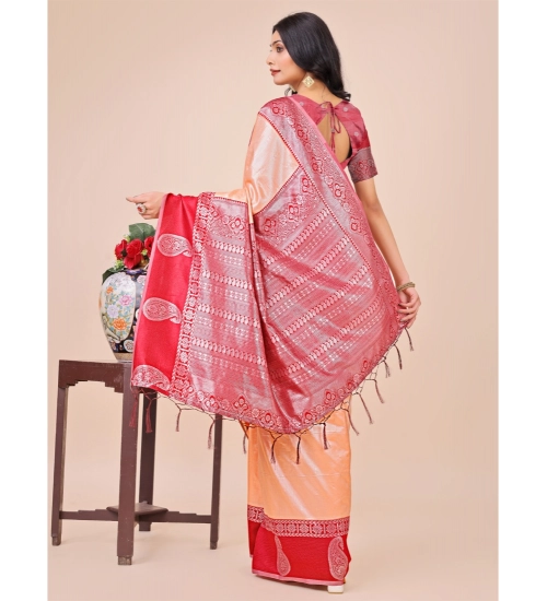 Women's Lichi Silk Printed Saree With Unstitched Blouse 5.5Mtr (Peach)