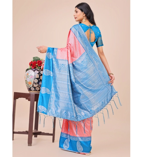 Women's Lichi Silk Printed Saree With Unstitched Blouse 5.5Mtr (Peach)