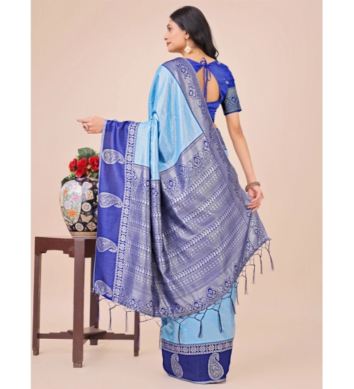 Women's Lichi Silk Printed Saree With Unstitched Blouse 5.5Mtr (Sky Blue)