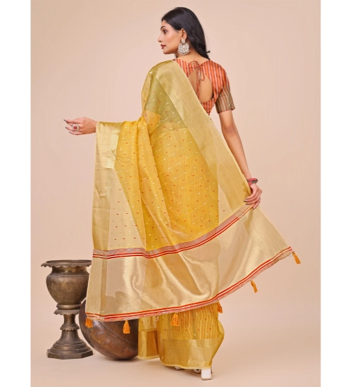 Women's Organza Printed Saree With Unstitched Blouse 5.5Mtr (Yellow)