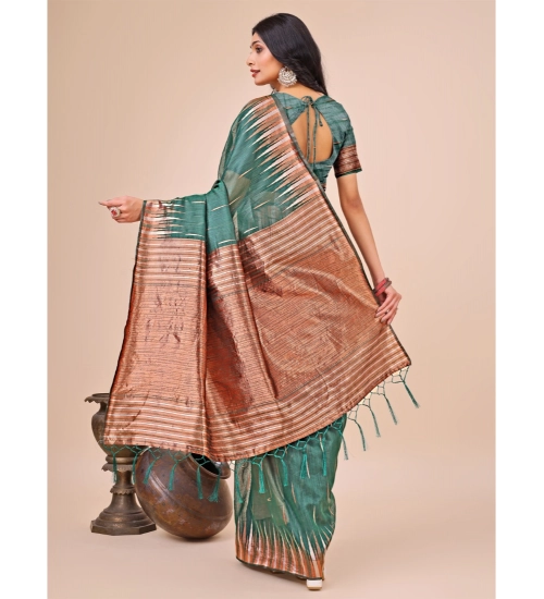 Women's Linen Cotton Printed Saree With Unstitched Blouse 5.5Mtr (Green)