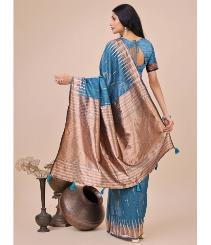 Women's Linen Cotton Printed Saree With Unstitched Blouse 5.5Mtr (Blue) Women's Linen Cotton Printed Saree With Unstitched Blouse 5.5Mtr (Blue)