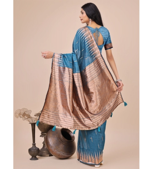 Women's Linen Cotton Printed Saree With Unstitched Blouse 5.5Mtr (Blue)