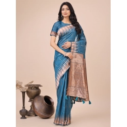 Women's Linen Cotton Printed Saree With Unstitched Blouse 5.5Mtr (Blue)