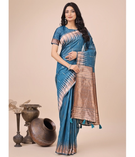 Women's Linen Cotton Printed Saree With Unstitched Blouse 5.5Mtr (Blue)