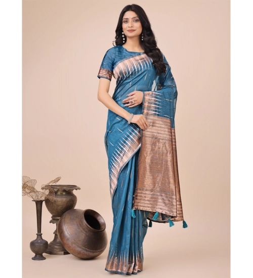 Women's Linen Cotton Printed Saree With Unstitched Blouse 5.5Mtr (Blue)