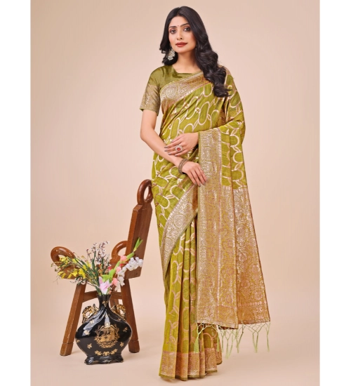 Women's Linen Cotton Printed Saree With Unstitched Blouse 5.5Mtr (Olive Green)
