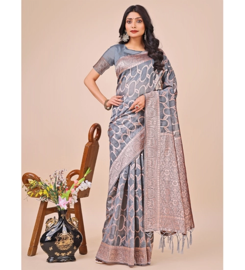 Women's Linen Cotton Printed Saree With Unstitched Blouse 5.5Mtr (Grey)