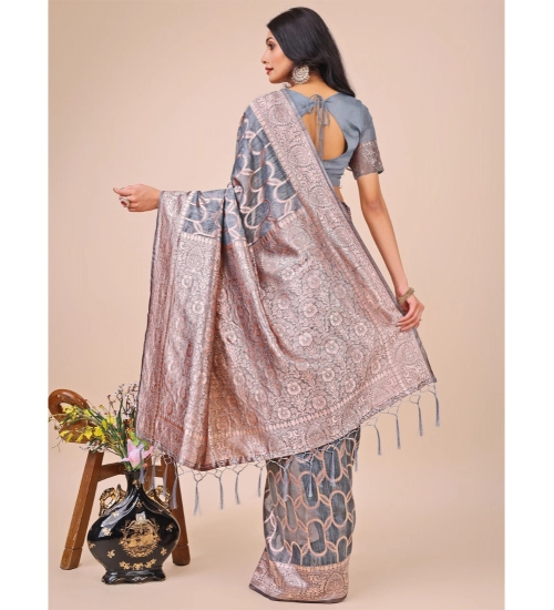 Women's Linen Cotton Printed Saree With Unstitched Blouse 5.5Mtr (Grey)