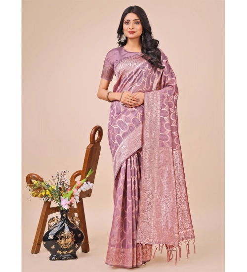 Women's Linen Cotton Printed Saree With Unstitched Blouse 5.5Mtr (Purple)