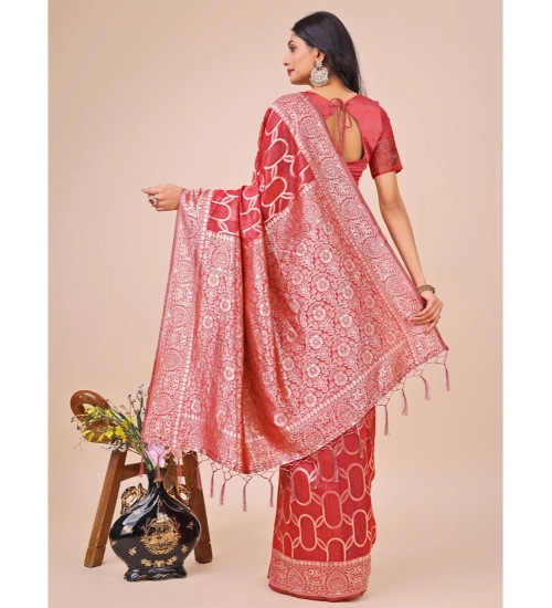 Women's Linen Cotton Printed Saree With Unstitched Blouse 5.5Mtr (Red)