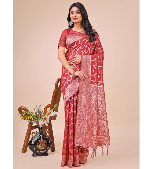 Women's Linen Cotton Printed Saree With Unstitched Blouse 5.5Mtr (Red)