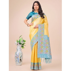 Women's Lichi Silk Printed Saree With Unstitched Blouse 5.5Mtr (Yellow)