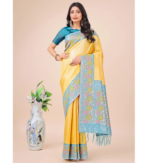 Women's Lichi Silk Printed Saree With Unstitched Blouse 5.5Mtr (Yellow)
