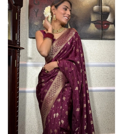 Women's Silk Printed Saree With Unstitched Blouse 5.5Mtr (Wine)