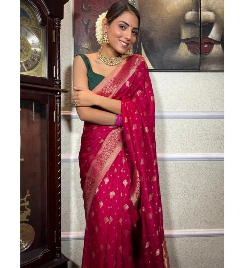 Women's Silk Printed Saree With Unstitched Blouse 5.5Mtr (Rani Pink)