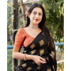 Women's Silk Printed Saree With Unstitched Blouse 5.5Mtr (Blacl-Orange)