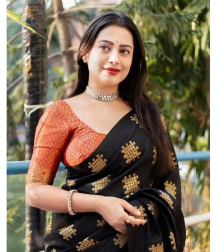 Women's Silk Printed Saree With Unstitched Blouse 5.5Mtr (Blacl-Orange)