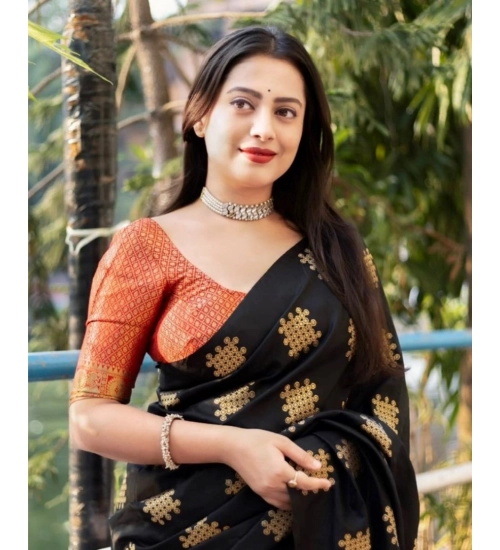 Women's Silk Printed Saree With Unstitched Blouse 5.5Mtr (Blacl-Orange)