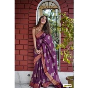 Generic Women's Silk Printed Saree With Unstitched Blouse 5.5Mtr (Purple)