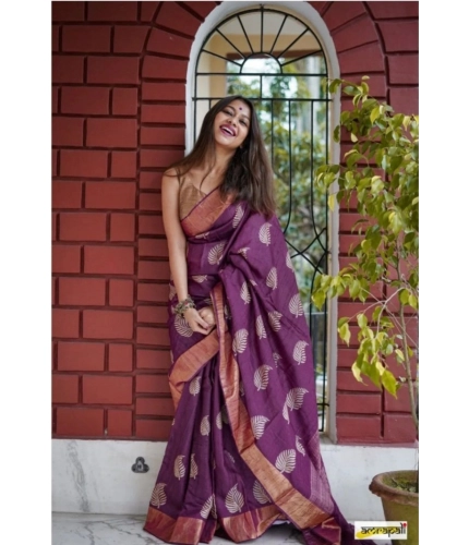 Women's Silk Printed Saree With Unstitched Blouse 5.5Mtr (Purple)