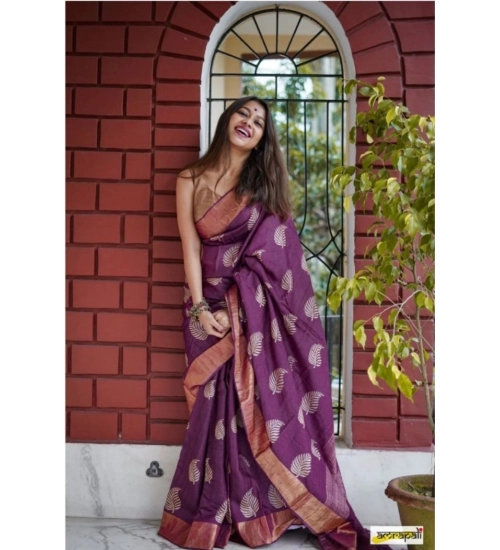 Women's Silk Printed Saree With Unstitched Blouse 5.5Mtr (Purple)