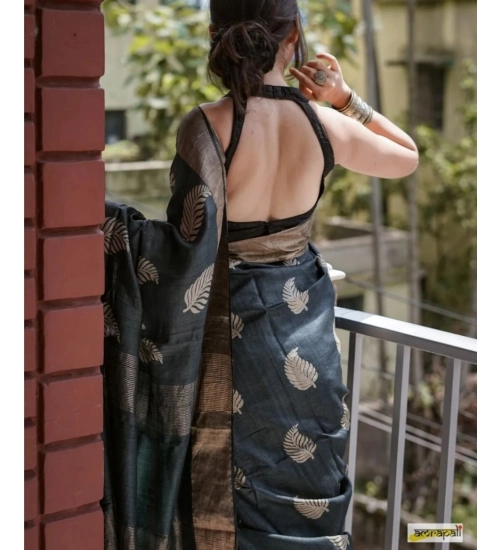 Women's Silk Printed Saree With Unstitched Blouse 5.5Mtr (Black)