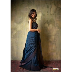 Generic Women's Silk Printed Saree With Unstitched Blouse 5.5Mtr (Navy Blue)