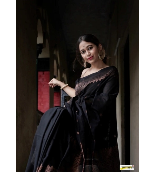 Women's Silk Printed Saree With Unstitched Blouse 5.5Mtr (Black)