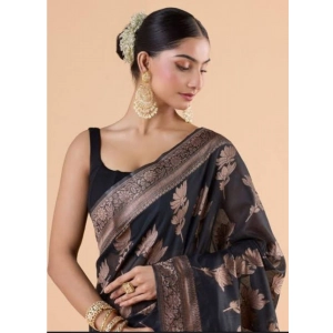 Generic Women's Silk Printed Saree With Unstitched Blouse 5.5Mtr (Black)