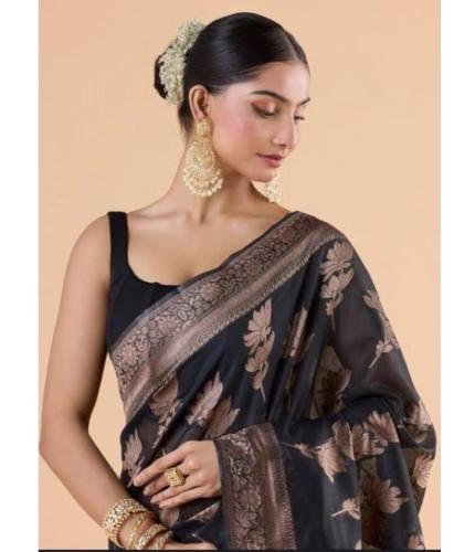 Women's Silk Printed Saree With Unstitched Blouse 5.5Mtr (Black)