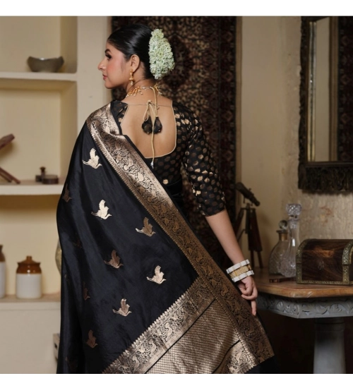 Women's Silk Printed Saree With Unstitched Blouse 5.5Mtr (Black)