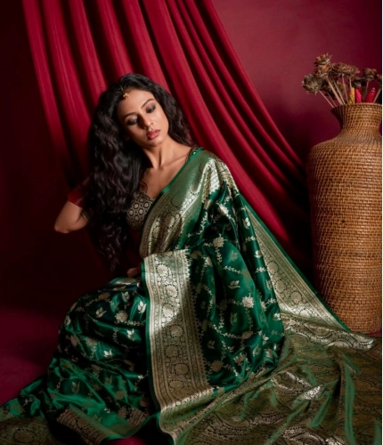 Women's Silk Printed Saree With Unstitched Blouse 5.5Mtr (Dark Green)