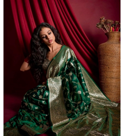Women's Silk Printed Saree With Unstitched Blouse 5.5Mtr (Dark Green)