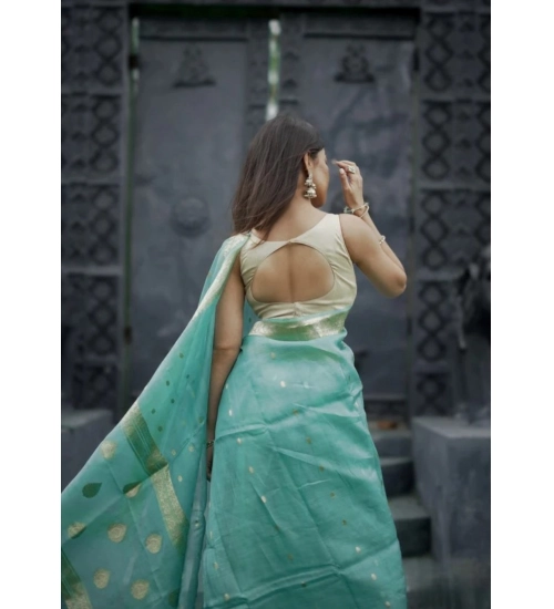 Women's Cotton  Printed Saree With Unstitched Blouse 5.5Mtr (Sky)