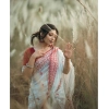 Women's Cotton  Printed Saree With Unstitched Blouse 5.5Mtr (White-Red)