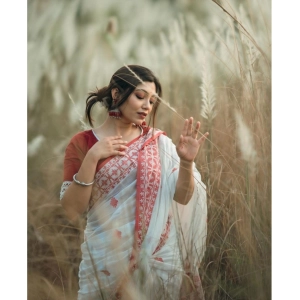 Generic Women's Cotton  Printed Saree With Unstitched Blouse 5.5Mtr (White-Red)