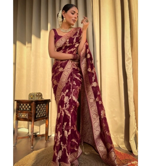 Women's Silk Printed Saree With Unstitched Blouse 5.5Mtr (Maroon)